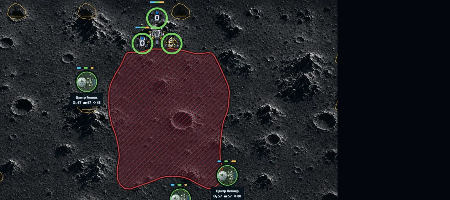 Map of the running mission; the frame captures the player's action, simulation state and resulting interface change.