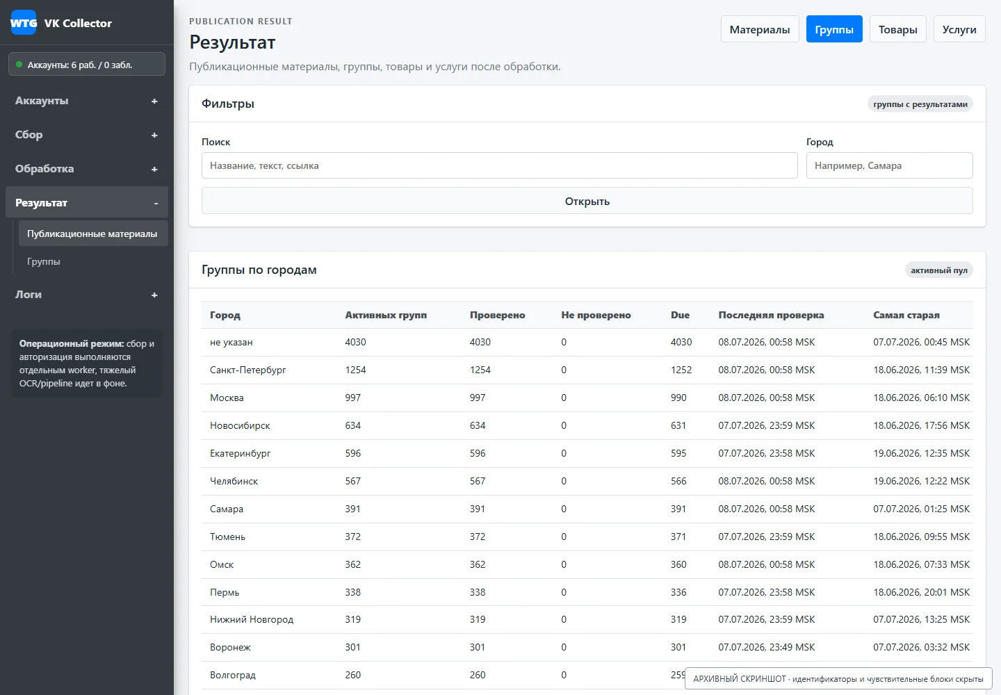 Groups in results; the screen records the stage data, available operator actions and processing result.